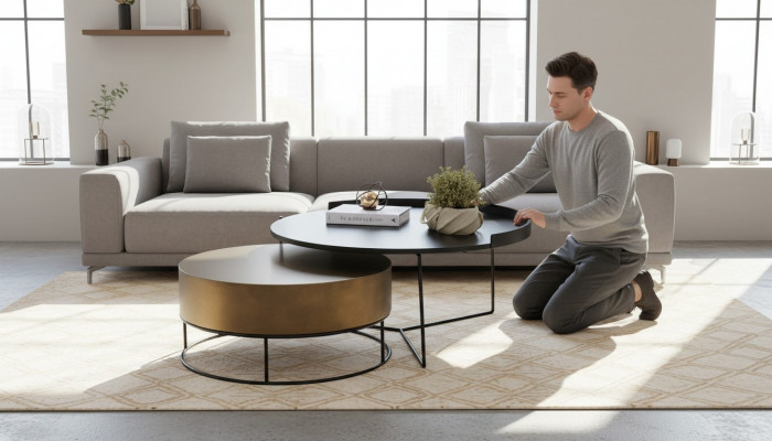 Designer 2x Dëscher fir d'Wunnzëmmer, Modernen Ronnen Niewendësch, Metallsatz