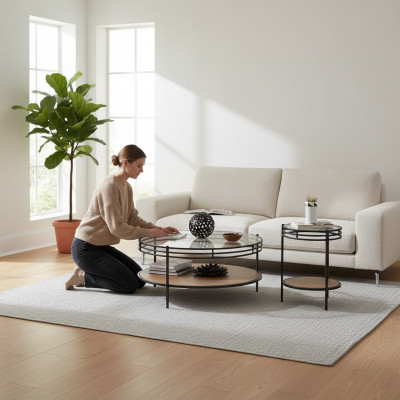 Modern Couchtisch-Set Designer Rond Dësch Glieserdësch Kaffisdësch zweedeeler