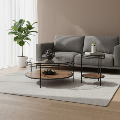 Modern Couchtisch-Set Designer Rond Dësch Glieserdësch Kaffisdësch zweedeeler