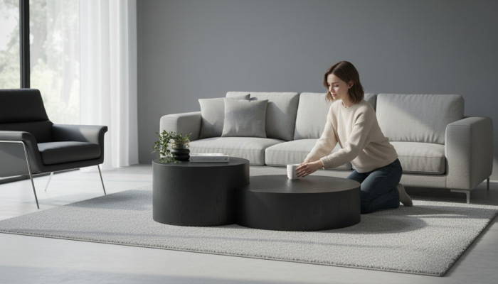 Modern schwaarzt Couchdësch Set Designer ronnen Kaffisdësch Bäidësch