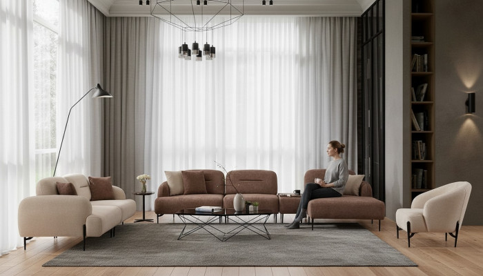 Modern Braun-Wäiss Sofa-Garnitur 3 Sëtzer Stoffsessel L-Form Ecksofa