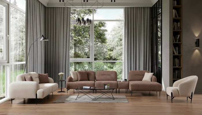Modern Braun-Wäiss Sofa-Garnitur 3 Sëtzer Stoffsessel L-Form Ecksofa