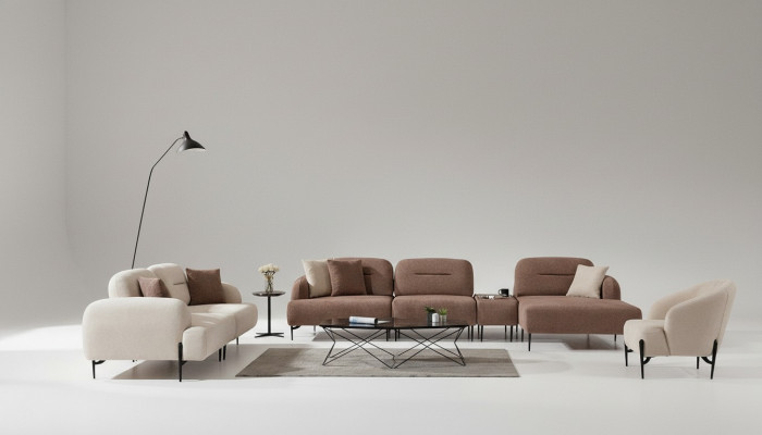 Modern Braun-Wäiss Sofa-Garnitur 3 Sëtzer Stoffsessel L-Form Ecksofa