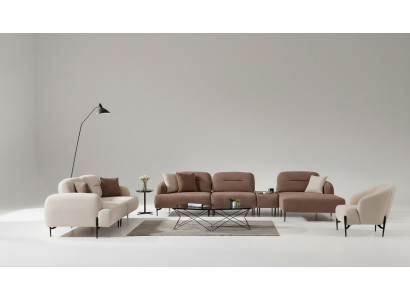 Modern Braun-Wäiss Sofa-Garnitur 3 Sëtzer Stoffsessel L-Form Ecksofa