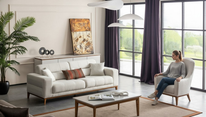 Wäiss Exklusiv Wunnzëmmer Textil Garnitur 3-Sëtzer Luxus Sëtz 2tlg
