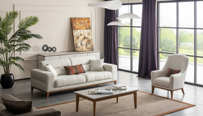 Wäiss Exklusiv Wunnzëmmer Textil Garnitur 3-Sëtzer Luxus Sëtz 2tlg