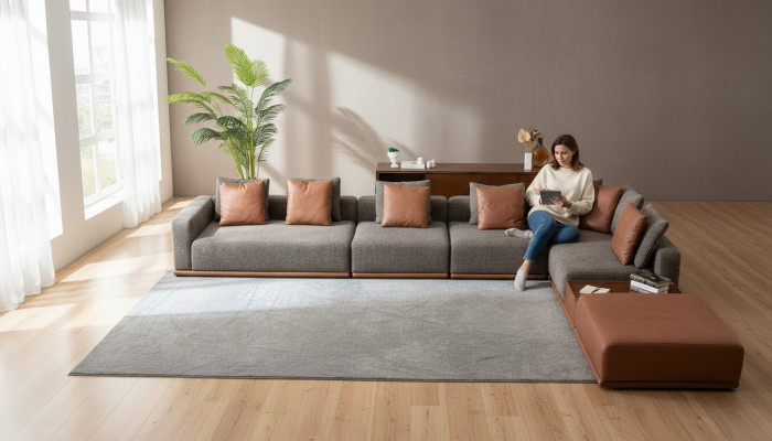 Grau Wunnzëmmer Sëtz Wunnlandschaft Eckgarnitur Designer Stoffsofa