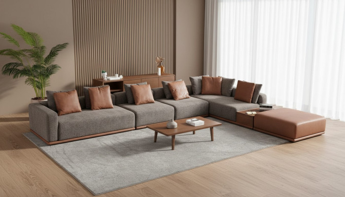 Grau Wunnzëmmer Sëtz Wunnlandschaft Eckgarnitur Designer Stoffsofa