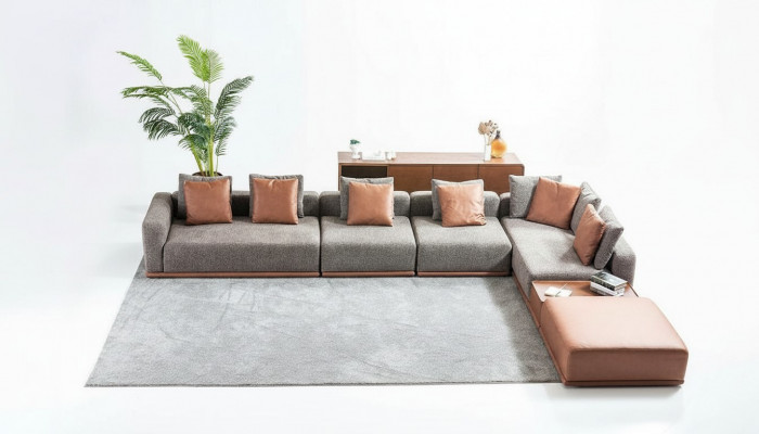 Grau Wunnzëmmer Sëtz Wunnlandschaft Eckgarnitur Designer Stoffsofa