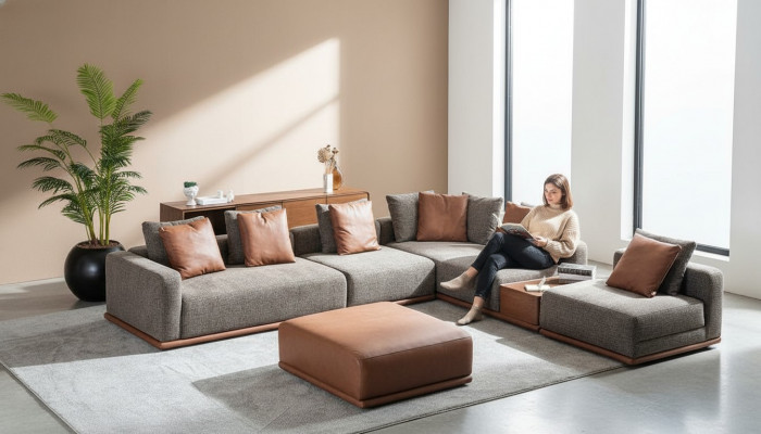 Designer gro Couch a L-Form, Eck-Wunnlandschaft fir d'Wunnezëmmer, zweedelige Hocker.