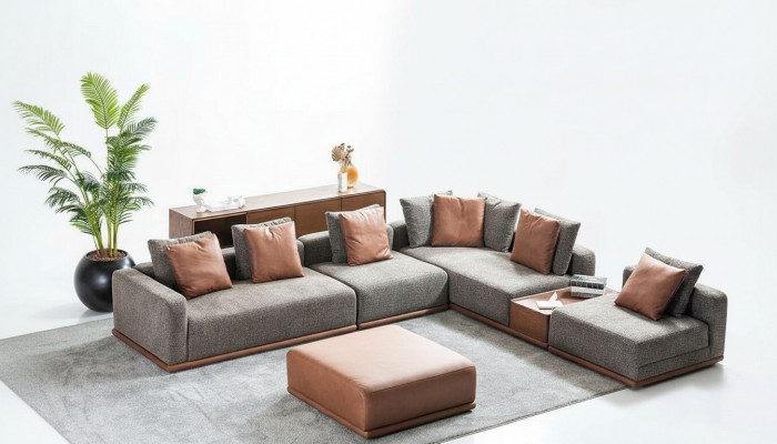 Designer gro Couch a L-Form, Eck-Wunnlandschaft fir d'Wunnezëmmer, zweedelige Hocker.