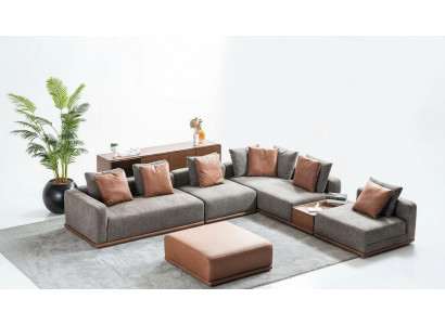 Designer gro Couch a L-Form, Eck-Wunnlandschaft fir d'Wunnezëmmer, zweedelige Hocker.