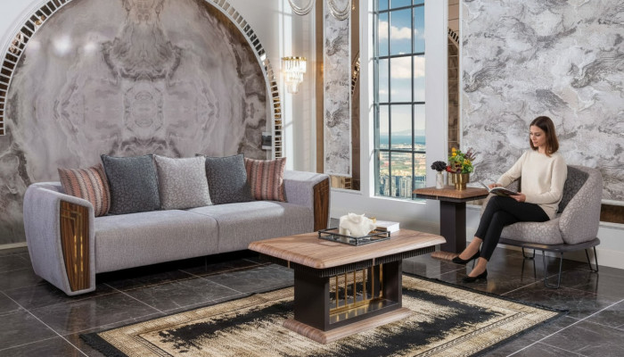 Grau robust Sofa Garnitur Polster Dräisëtzer Textil Fautteuil Canapé Garnitur