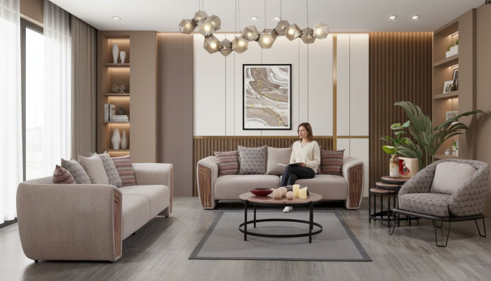 Beige Wunnzëmmer Polster Sofagarnitur Dräisitze Fautteuil Textil Miwwelen