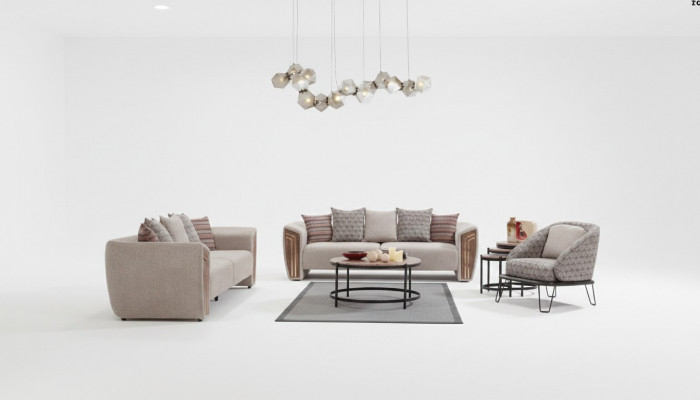 Beige Wunnzëmmer Polster Sofagarnitur Dräisitze Fautteuil Textil Miwwelen