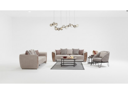 Beige Wunnzëmmer Polster Sofagarnitur Dräisitze Fautteuil Textil Miwwelen