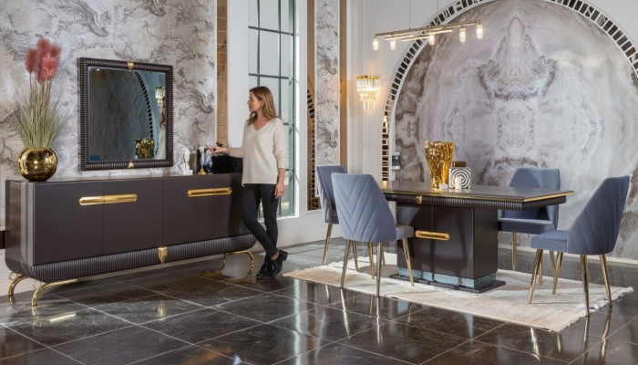 Iesszëmmer Edelstol Garnitur Designer Iessdësch 4x Stull Kommode 7 Deeler
