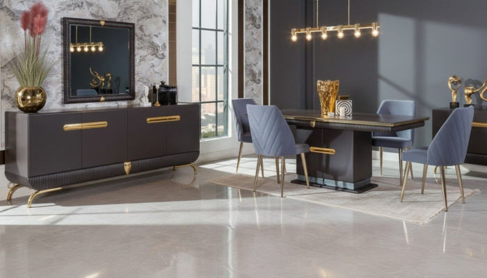 Iesszëmmer Edelstol Garnitur Designer Iessdësch 4x Stull Kommode 7 Deeler