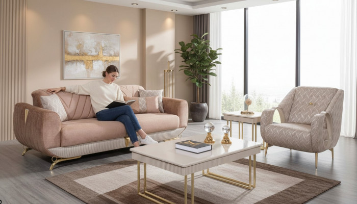 Beige Wunnzëmmer Garnitur Luxus 3-Sëtzer Polstersessel Säitentafel