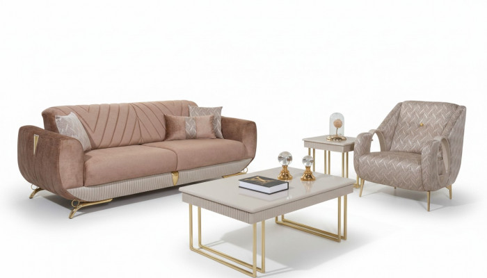 Beige Wunnzëmmer Garnitur Luxus 3-Sëtzer Polstersessel Säitentafel