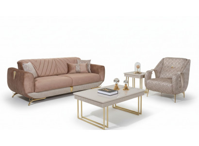 Beige Wunnzëmmer Garnitur Luxus 3-Sëtzer Polstersessel Säitentafel