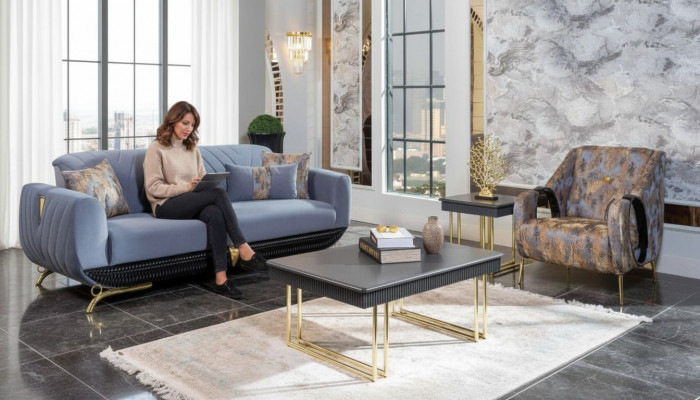 Modern Polster Wunnzëmmer Miwwelen Designer Bloen Dräisëtzer Sëtz 4 Deeler