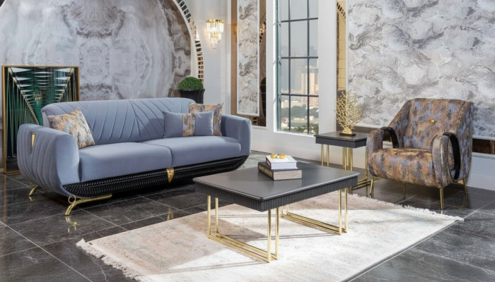Modern Polster Wunnzëmmer Miwwelen Designer Bloen Dräisëtzer Sëtz 4 Deeler