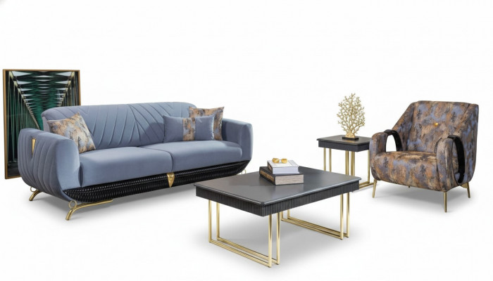 Modern Polster Wunnzëmmer Miwwelen Designer Bloen Dräisëtzer Sëtz 4 Deeler