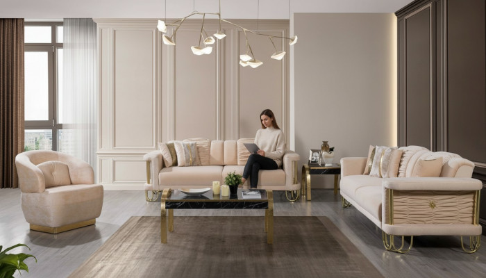 Modernt beiges Sofagarnitur 3+3+1 Sëtzer Designer Polstersëtz Miwwelen