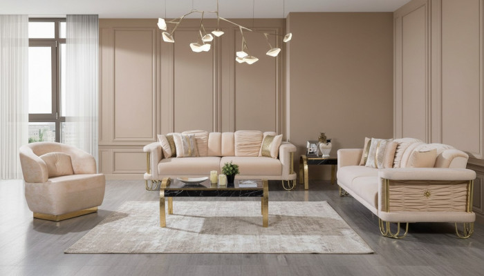 Modernt beiges Sofagarnitur 3+3+1 Sëtzer Designer Polstersëtz Miwwelen