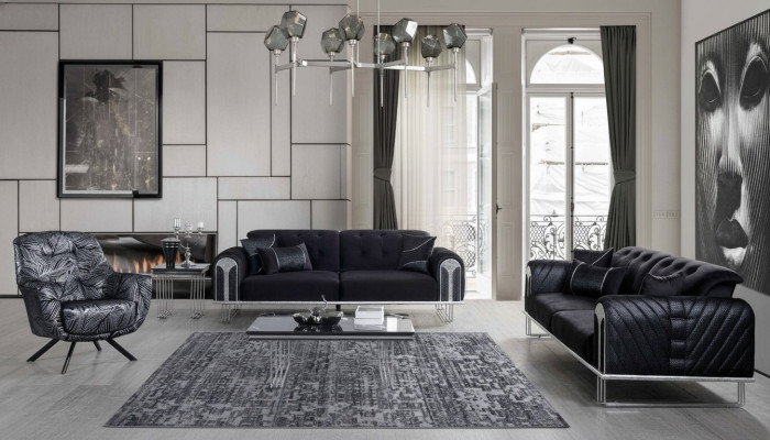 Schwaarz Wunnzëmmer Sofagarnitur 2x Dräisëtzer Designer Polster Sesselen