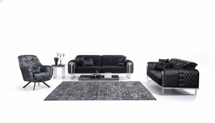 Schwaarz Wunnzëmmer Sofagarnitur 2x Dräisëtzer Designer Polster Sesselen