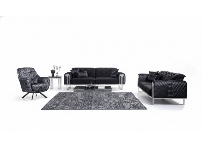 Schwaarz Wunnzëmmer Sofagarnitur 2x Dräisëtzer Designer Polster Sesselen