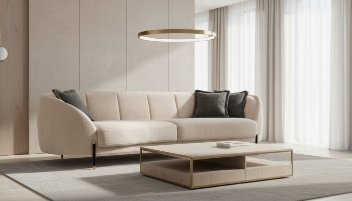 Couch Këssen Beige Design Sofa 4 Sëtz Sofas Textil Design Sofa Miwwelen nei