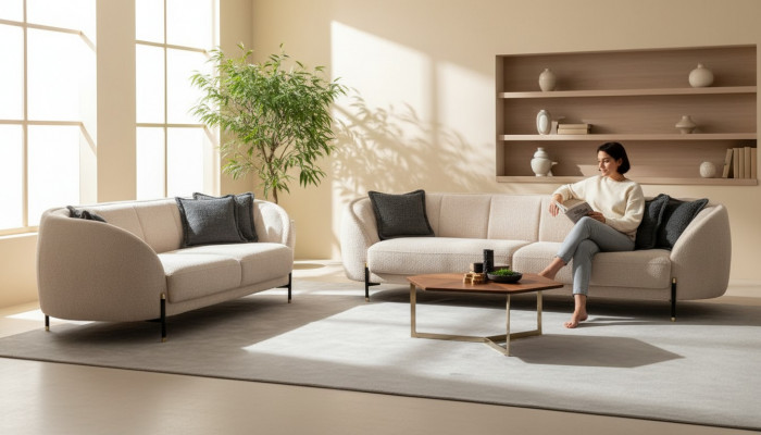 Modern Sofa 3 Sëtzer Beige Héichwäerteg Polster Sofas Design Textil nei