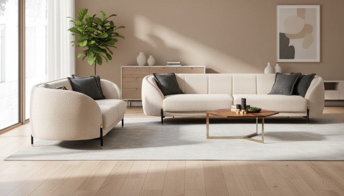 Modern Sofa 3 Sëtzer Beige Héichwäerteg Polster Sofas Design Textil nei