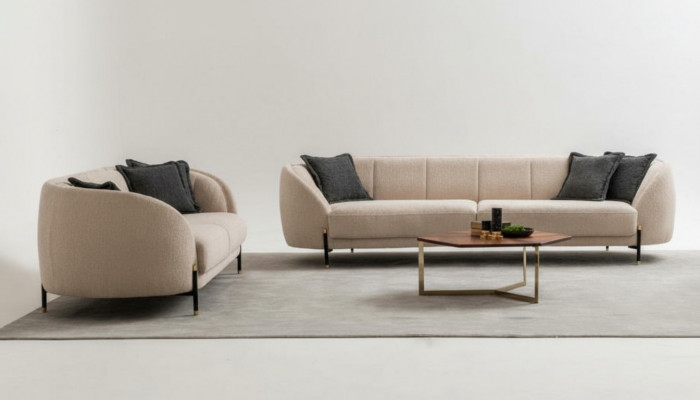 Modern Sofa 3 Sëtzer Beige Héichwäerteg Polster Sofas Design Textil nei