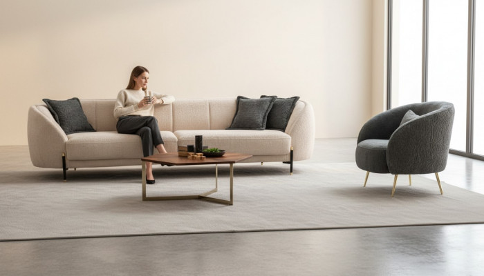 Moderne Sessel Polster Sofa 3-Sëtzer Beige Héichwäerteg Sofas Design Textil nei