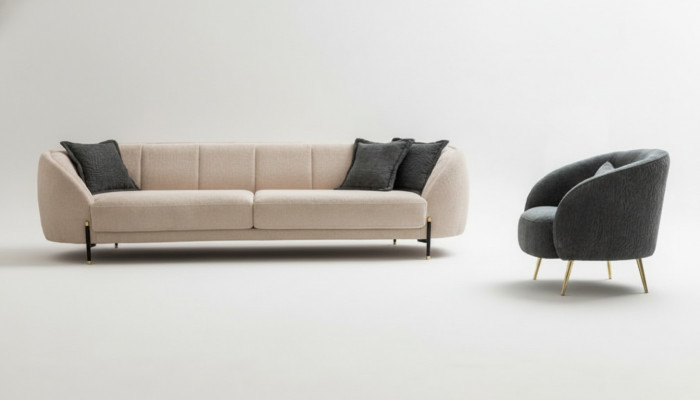 Moderne Sessel Polster Sofa 3-Sëtzer Beige Héichwäerteg Sofas Design Textil nei