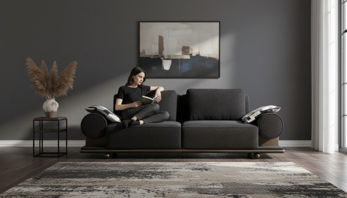 Modern 3-Sëtzer Sofa Schwaarz Héichwäerteg Polster Sofasen Design Textil nei