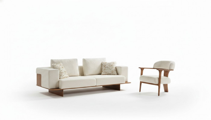 Modern wäiss Sofagarnitur 3 1 Sëtzer Textil Holz Still Komplett Set nei