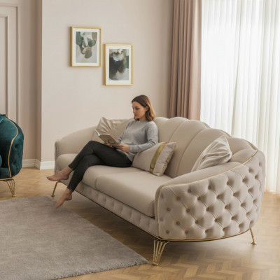 Modern Chesterfield Beige Wunnzëmmer Sofagarnitur x2 3 Sëtzer Polstersëtz.