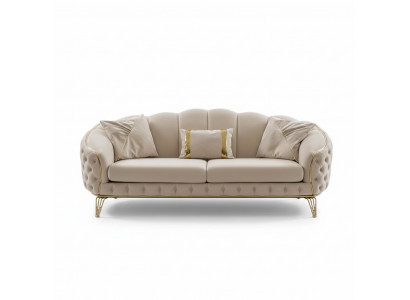 Modern Chesterfield Beige Wunnzëmmer Sofagarnitur x2 3 Sëtzer Polstersëtz.