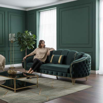 Chesterfield 2x 3-Sëtzer Couch Këssen Sëtz Textil Stoff Couchen Sofa