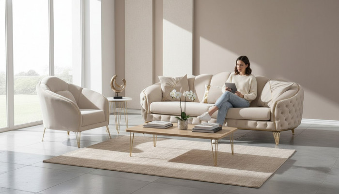Wunnzëmmer Komplett 3tlg Modern Dräisëtzer Sofa Couch Luxus 2x Fotell