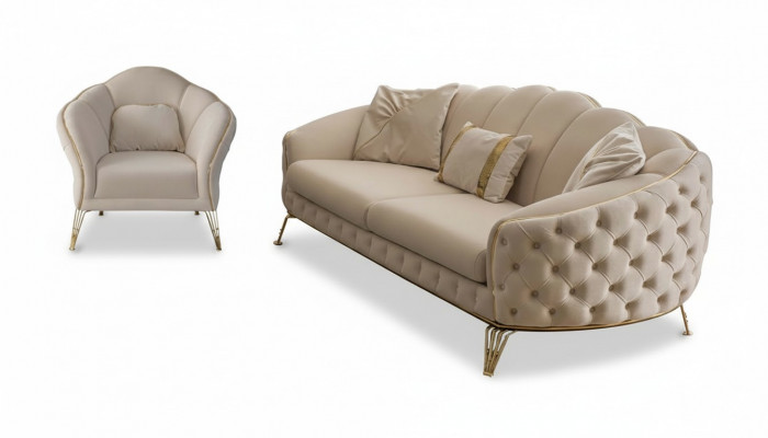 Wunnzëmmer Komplett 3tlg Modern Dräisëtzer Sofa Couch Luxus 2x Fotell