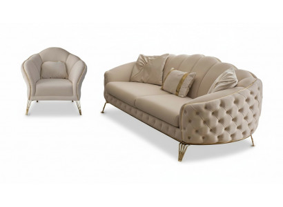 Wunnzëmmer Komplett 3tlg Modern Dräisëtzer Sofa Couch Luxus 2x Fotell