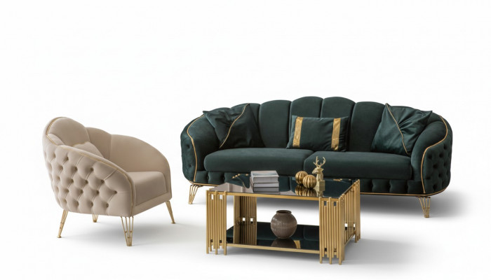 Stilvoll Wunnzëmmer Komplett 3tlg Dräisëtzer Sofa Couch Luxus 2x Fautteuil