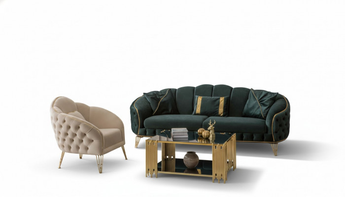 Komplett Wunnzëmmer 3tlg stilvoll Dräisëtzer Sofa Couch Luxus 2x Sessel
