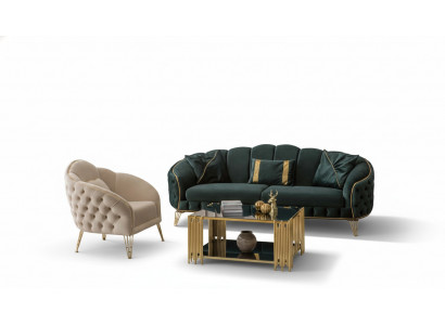 Komplett Wunnzëmmer 3tlg stilvoll Dräisëtzer Sofa Couch Luxus 2x Sessel